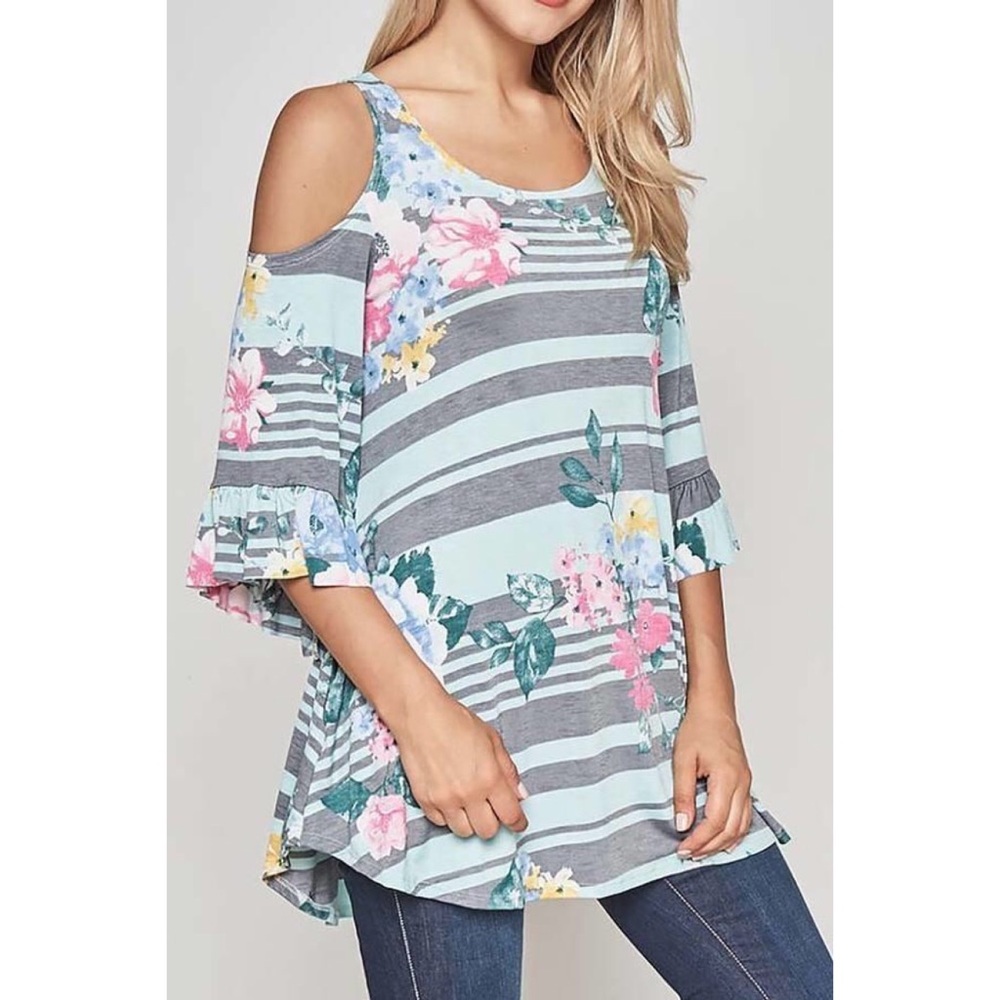 Mint Floral Cold Shoulder Tunic